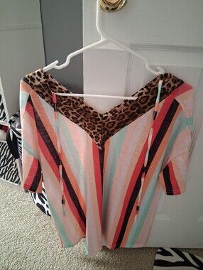 Women's unbranded sheer style striped leopard print v-neck